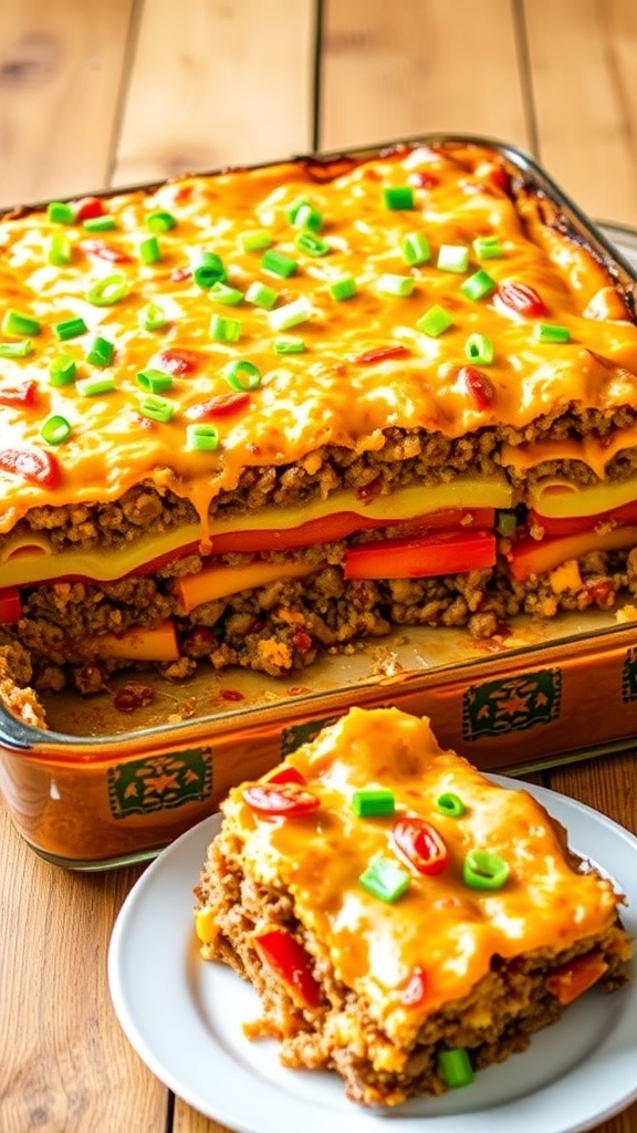 A hearty 7-layer hamburger casserole with ground beef, cheese, and vegetables, garnished with green onions, on a wooden table.